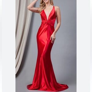 Vibrant Red Twist-Waist Deep V-Neck Long
Dress for Effortless Elegance